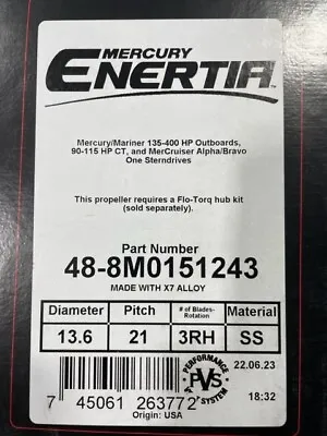 NEW MERCURY ENERTIA 13.6X21P STAINLESS 3 BLADE RH PROPELLER P#  84-8M0151243 • $837.70