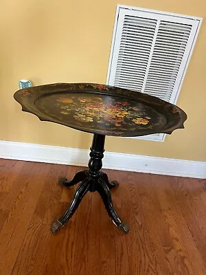 Vintage English Regency Style Hand Painted Tole Tray Tilt Top Table • $300