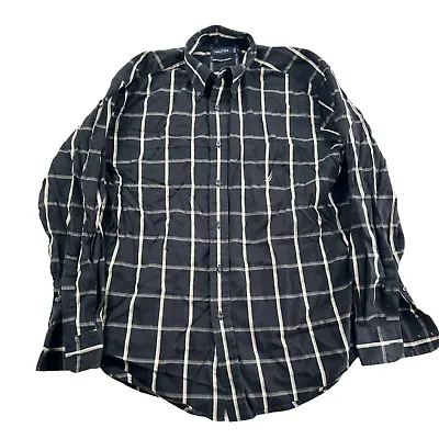 Nautica Shirt Mens Large L Black Plaid Long Sleeve Button Down Embroidered • £8.75