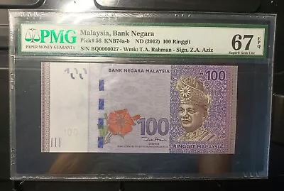 Malaysia Banknote Rm100 Pmg67epq Low Number Bq0000027 Zeti Gabenor • $118