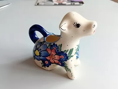 Vintage Polish Pottery Cow Creamer Floral Pattern Handmade UNIKAT Unusual Shape • £35