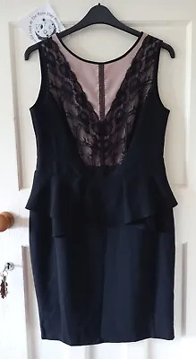 £12.99 • Buy  Dorothy Perkins Size 14 Black Bodycon Dress Lace Nude Effect Peplum Pre-Loved 