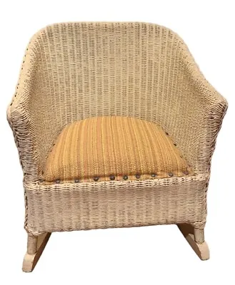 Vintage Yellow Wicker Child's - Doll Rocking Chair With Upholstered Seat Cushion • $65.99