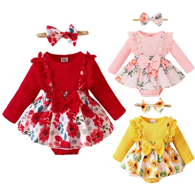 Baby Girl Long Sleeve Floral Romper Dress Newborn Clothes Bowknot Headband Set • $28.37