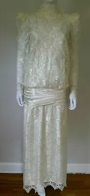  Vintage 80s 20s Wedding Victorian Flapper Sequin Lace Maxi Cocktail Sax Dress L • $160