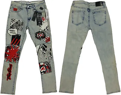 REASON Skinny Stretch Money Calls Pop Art Print Jeans- NEW-$80 Comic Denim Pants • $25.99