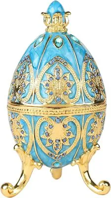 Bejeweled SkyBlue Faberge Egg Hinged Metal Enameled Crystal Trinket Box • $44.99