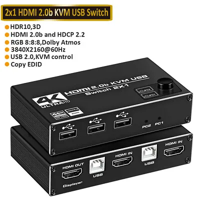 4K 60Hz HDMI KVM Switch Dual Monitor 2 In 1 Out 3 Ports USB 2.0 KVM Switcher • $31.34
