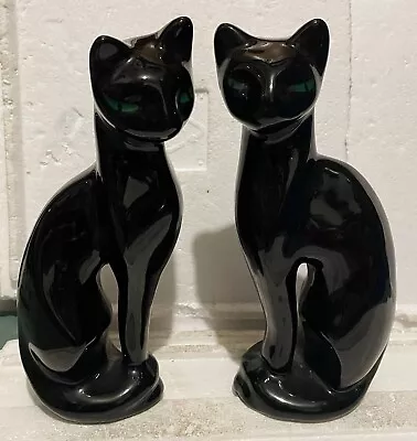 VINTAGE Siamese Cat Figurines Ornaments Ceramic Tall Green Eyes X 2 (21cm) - EUC • $45