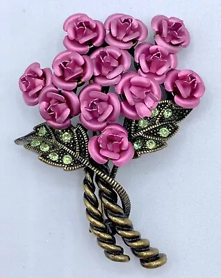 E7-1974 Vintage Brooch Signed Avon Gold Pin 2  Flower Pink Rhinestone Bouquet • $5.99