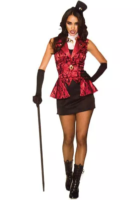 Steampunk Vampira Costume 4 Pc Blk & Red Mini Dress Vest Jabot & Mini Hat  • $34.98