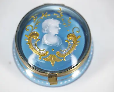 Bohemian Moser Mary Gregory Enameled Blue Glass Pill Trinket Box Victorian • $119