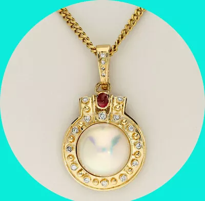 .50CT H Color Diamond Mabe Pearl Ruby Slide Pendant Necklace 18K YG  21.3GM • $1377