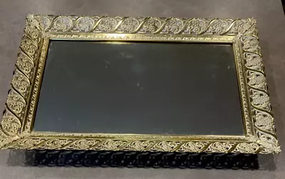 Vtg Ornate Vanity Tray Mirror Footed Gold Metal Filigree Hollywood Regency • $30