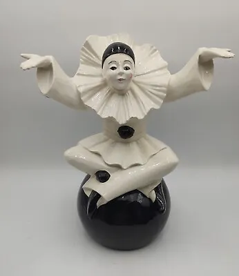 Large 16” Gere Pierot Ceramic Clown Seated On Ball Black And White Hand Painted  • $76