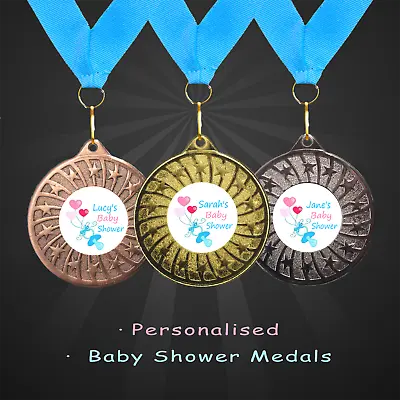 Personalised Baby Shower Party Winner Medal With Blue Ribbon X 6 • £6.99