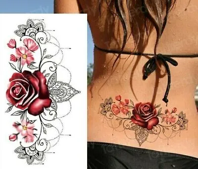 £2.99 • Buy Underboob Chest Red Rose Lace Temporary Tattoo Fake Sticker Womens Arm Leg Back