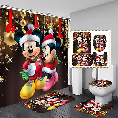 Mickey's Christmas Season Shower Curtain Bath Rug Toilet Lid Cover Set • $21.56