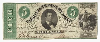 1862 $5 Virginia Treasury Note – Civil War Era Obsolete Currency #10934 • $98.95