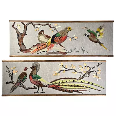 2 Mid Century Modern Bird Peacock Pheasant Mosaic Pebble Gravel Art Wall Hanging • $180