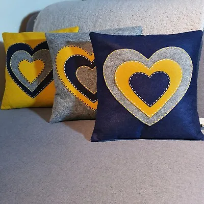 HEARTS Navy/Grey/Ochre 3 X Square Shape Cushion Covers Sofa Boudoir Throw 12x12  • £49.99