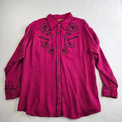 VTG Wrangler Pearl Snap Womens XL Pink Black Embroidered Beaded Western Rodeo • $39.50