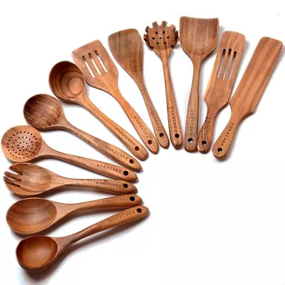 12 Pack Wooden Kitchen Utensils Set Cooking Utensils Natural Teak Wood • $58.97