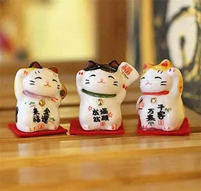 Set Of 3 Japanese Ceramics Maneki Neko Lucky Fortune Cat Figurines Waving For... • $19.45