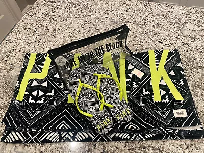 Victoria’s Secret PINK Beach Towel Flip Flops Med 7/8 Aztec Black Neon Yellow • $45.99