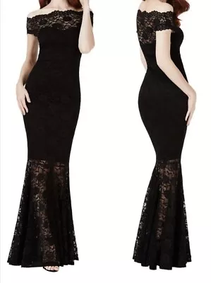 Goddiva Black Lace Bardot Maxi Evening Fishtail Mermaid Formal Party Dress Prom • £5