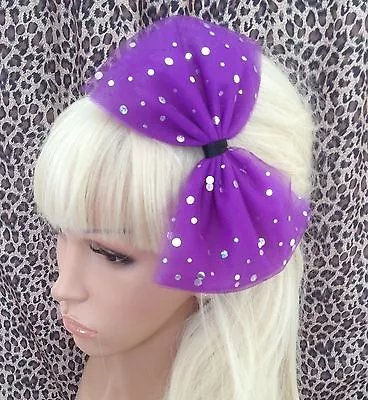 BIG PURPLE SPARKLE BOW TULLE TUTU NET ALICE HAIR HEAD BAND 80s PARTY FANCY DRESS • £4.99