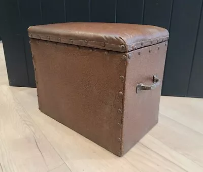 Vintage Brown Leather Chest Trunk Storage Box Cushioned Seat Metal Handles Retro • £50