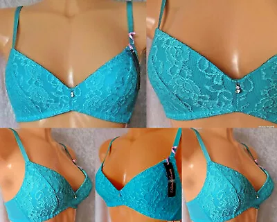 £9.50 • Buy Ladies Lace Bra Turquoise Lightly Padded Diamante Trim 32a 34a 36a 36b Bnwt