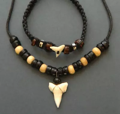 Shark Tooth Necklace + Bracelet Mens Boys 1cm Sharks Teeth Gift Set Adjustable • £9.99