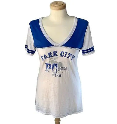 Park City Wasatch Mtns Moose Blue T-shirt V-Neck Short Sleeve USA Blue 84 EUC XL • $12.50