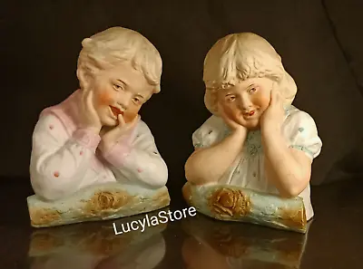 Vintage Pair Bust Gebruder Heubach Bisque Porcelain Girl Boy Miniature Figurine • $850