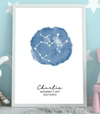 Personalised Zodiac Star Sign Wall Art Print Home Blue Astrology Signs Poster • £2.99