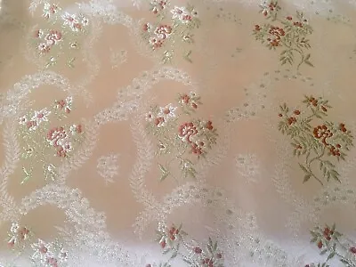 Vintage  French Floral Garland Satin Brocade Fabric #1~ Green Rust Tan • $38.99