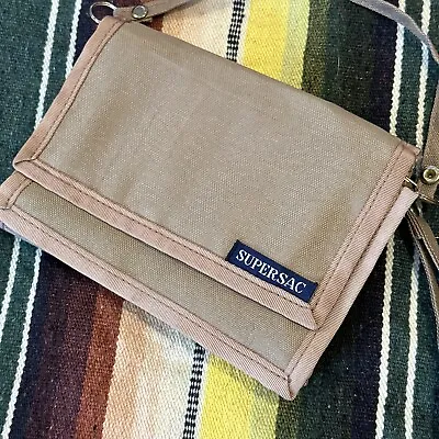 VTG SUPERSAC CROSSBODY NYLON WALLET 5x6 BEIGE NAVY LOGO TAB HOOK & LOOP • $39.99