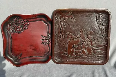 Antique Japanese Carved Wooden Tray With Another Lacquered Example C1900 Meji • £45