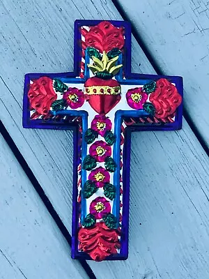 Mexican 3D Milagro Tin Sacred Cross Handmade Rainbow Painted 8x5.5x1 Q20 • $21.90