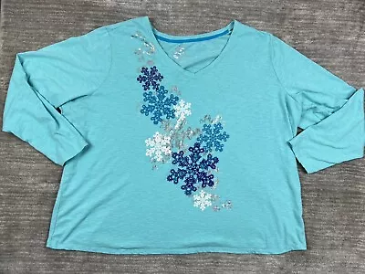 Made For Life Top Womens 5X Blue Longsleee Graphic Tee Vnecck Shirt Casual • $12.99