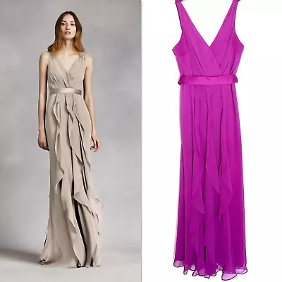 VERA WANG WHITE Magenta Bridesmaids Ruffle Textured Chiffon Belted Gown Dress 14 • $74.25