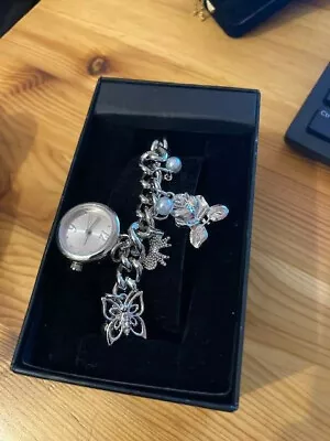 Silver-tone Charm Bracelet - Charms Include Watch Rose Bow • £4.75