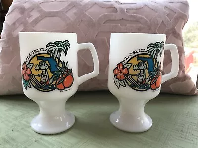 Set Of 2 Florida Pedestal Footed Coffee Cup Mug Palm Tree Alligator Vtg Retro • $25.89