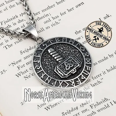 Viking Mjolnir Rune Medallion Stainless Steel Pendant Necklace • $24.99