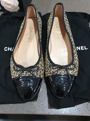 $228.50 • Buy Chanel Tweed Patent  Embossed Ballet Flats Size 38.5. Comes With Original Box.