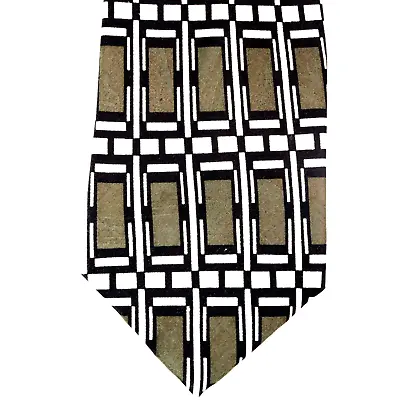 Martin Wong Tie Mens 58 In Silk Olive Black White Rectangle Geo Grid Lined Wide • $15.38