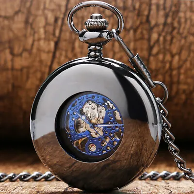 Black Smooth Case Mechanical Pocket Watch Mens Vintage With Fob Chain Hand Wind • £21.18