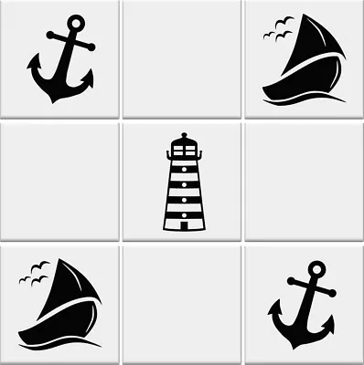 Bathroom Tile Stickers Transfers ANCHOR LIGHTHOUSE SAILBOAT Nautical Vinyl Wall • £3.49